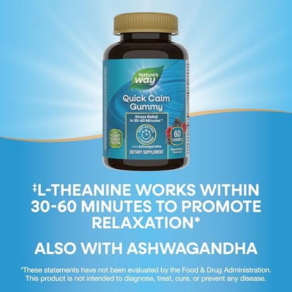 Nature's Way Quick Calm Gummis mit L-Theanin für Entspannung* und Stressabbau* – mit Ashwagandha, vegetarisch, gemischter Beerengeschmack, 60 Gummis
