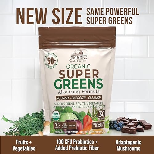Country Farms Super Greens Chocolate – Bio-Getränkepulver mit 50 Bio-Superfoods, Pilzen, Probiotika & Ballaststoffen, 30 Portionen