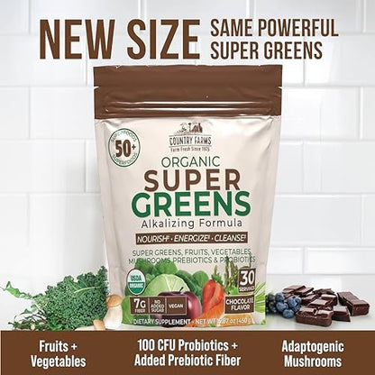 Country Farms Super Greens Chocolate – Bio-Getränkepulver mit 50 Bio-Superfoods, Pilzen, Probiotika & Ballaststoffen, 30 Portionen