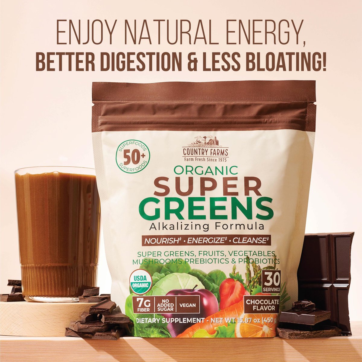 Country Farms Super Greens Chocolate – Bio-Getränkepulver mit 50 Bio-Superfoods, Pilzen, Probiotika & Ballaststoffen, 30 Portionen