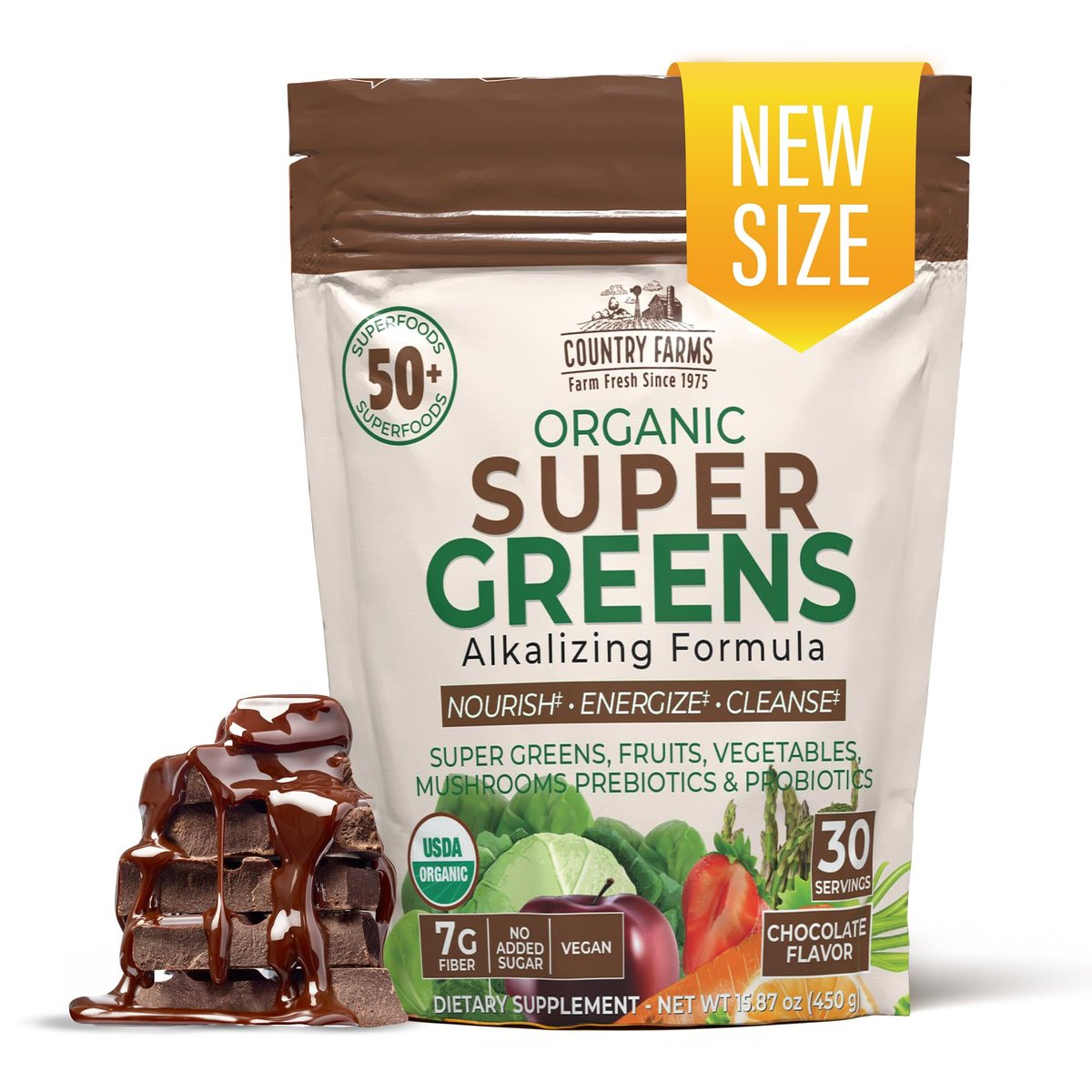 Country Farms Super Greens Chocolate – Bio-Getränkepulver mit 50 Bio-Superfoods, Pilzen, Probiotika & Ballaststoffen, 30 Portionen