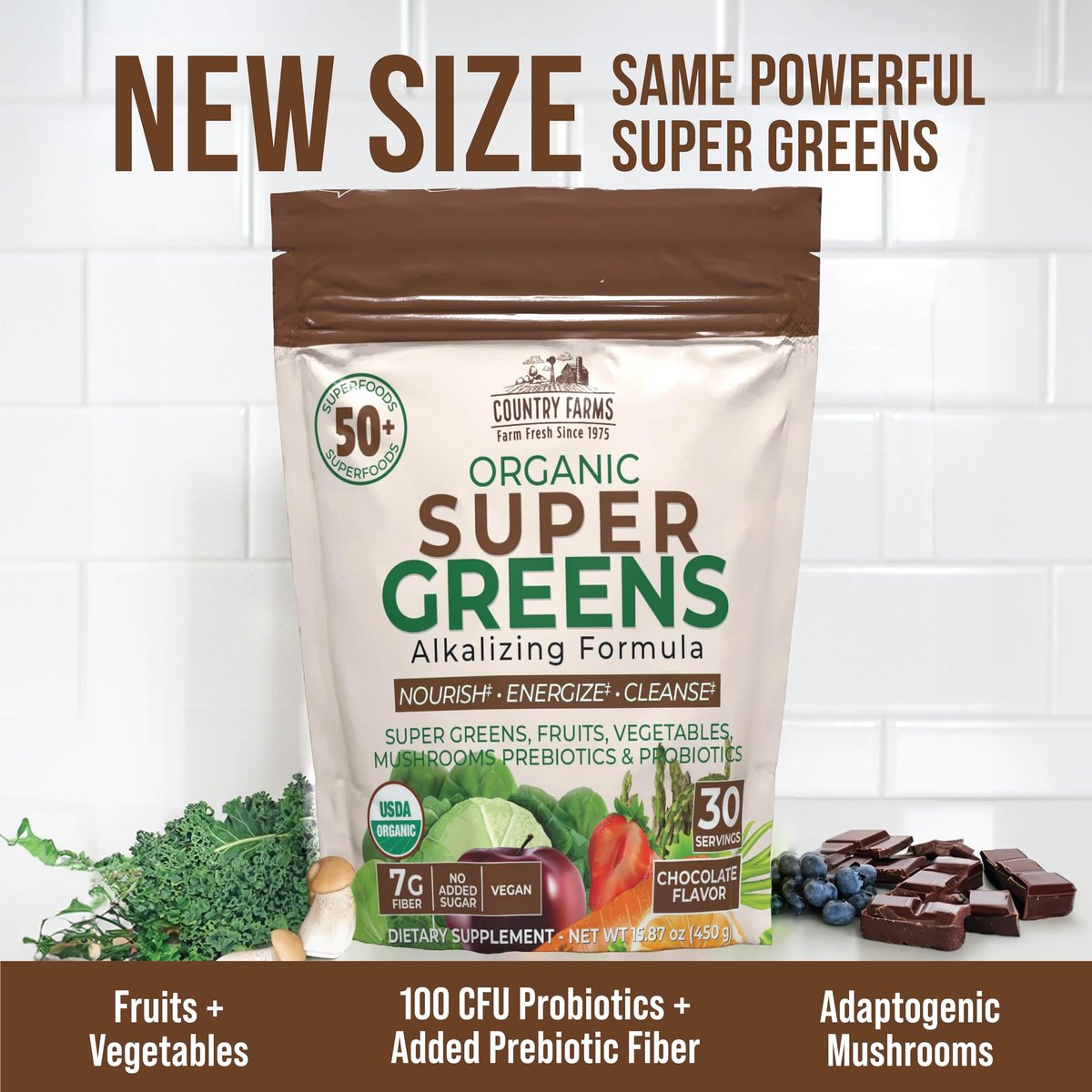 Country Farms Super Greens Chocolate – Bio-Getränkepulver mit 50 Bio-Superfoods, Pilzen, Probiotika & Ballaststoffen, 30 Portionen