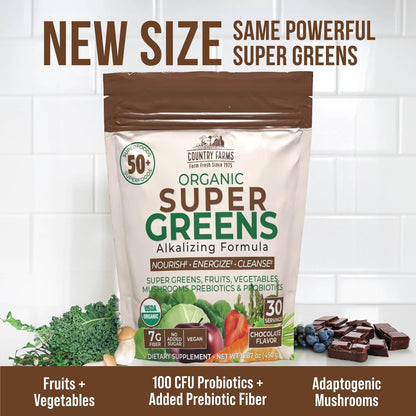 Country Farms Super Greens Chocolate – Bio-Getränkepulver mit 50 Bio-Superfoods, Pilzen, Probiotika & Ballaststoffen, 30 Portionen
