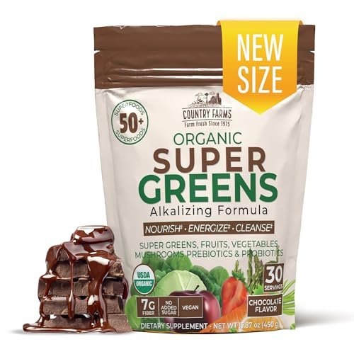 Country Farms Super Greens Chocolate – Bio-Getränkepulver mit 50 Bio-Superfoods, Pilzen, Probiotika & Ballaststoffen, 30 Portionen
