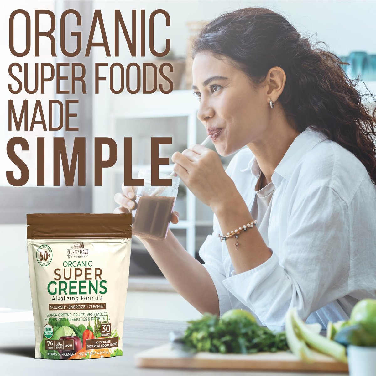 Country Farms Super Greens Chocolate – Bio-Getränkepulver mit 50 Bio-Superfoods, Pilzen, Probiotika & Ballaststoffen, 30 Portionen