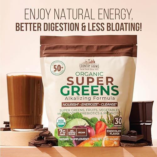 Country Farms Super Greens Chocolate – Bio-Getränkepulver mit 50 Bio-Superfoods, Pilzen, Probiotika & Ballaststoffen, 30 Portionen