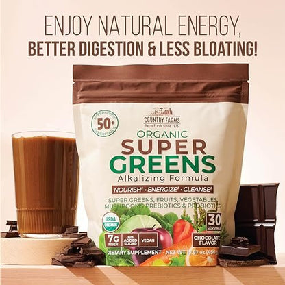 Country Farms Super Greens Chocolate – Bio-Getränkepulver mit 50 Bio-Superfoods, Pilzen, Probiotika & Ballaststoffen, 30 Portionen