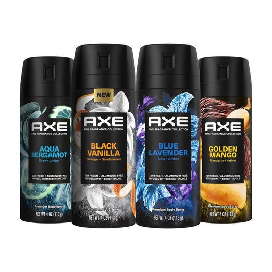 AXE Fine Fragrance Collection Deodorant Body Spray für Männer – Variety Pack – Blue Lavender, Aqua Bergamot, Golden Mango & Black Vanilla – 4er-Pack 72h Geruchsschutz, Aluminiumfrei, 4 oz