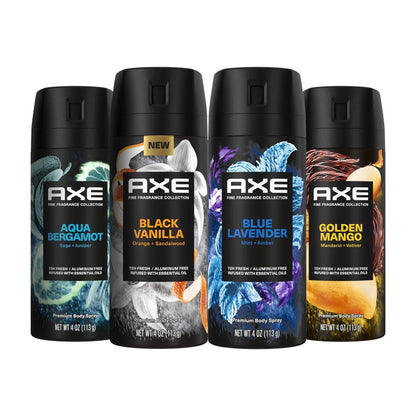 AXE Fine Fragrance Collection Deodorant Body Spray für Männer – Variety Pack – Blue Lavender, Aqua Bergamot, Golden Mango & Black Vanilla – 4er-Pack 72h Geruchsschutz, Aluminiumfrei, 4 oz