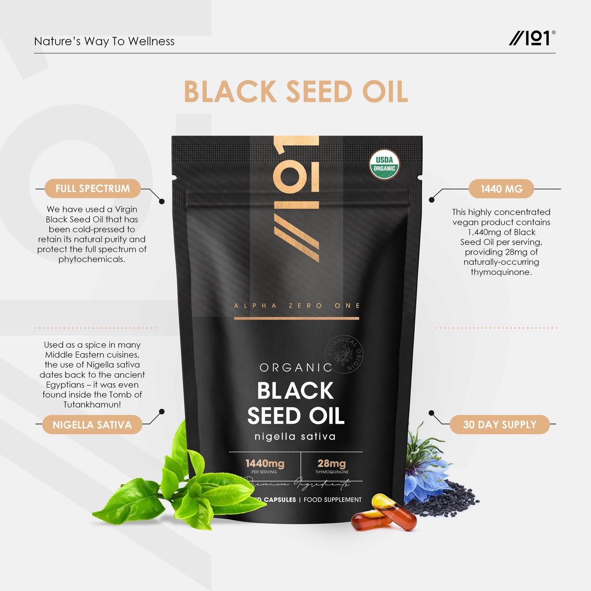 ALPHA01 Bio Schwarzkümmelöl Kapseln 1440mg – 4X Thymoquenin – 60 Kapseln – Äthiopisches Nigella Sativa – 100% kaltgepresst & nativ – Omega 3-6-9