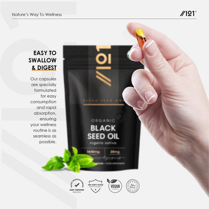 ALPHA01 Bio Schwarzkümmelöl Kapseln 1440mg – 4X Thymoquenin – 60 Kapseln – Äthiopisches Nigella Sativa – 100% kaltgepresst & nativ – Omega 3-6-9