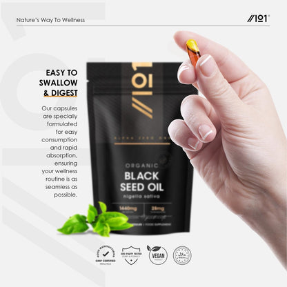 ALPHA01 Bio Schwarzkümmelöl Kapseln 1440mg – 4X Thymoquenin – 60 Kapseln – Äthiopisches Nigella Sativa – 100% kaltgepresst & nativ – Omega 3-6-9