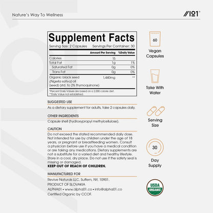ALPHA01 Bio Schwarzkümmelöl Kapseln 1440mg – 4X Thymoquenin – 60 Kapseln – Äthiopisches Nigella Sativa – 100% kaltgepresst & nativ – Omega 3-6-9