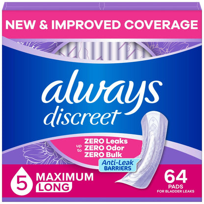 Always Discreet Inkontinenzvorlagen für Frauen, Trockener, 5 Tropfen lange Länge, Schwere Saugfähigkeit, Vorlagen für Blasenkontrolle, Blasenschwäche & Wochenbett, 64 Stück