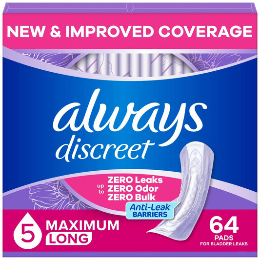 Always Discreet Inkontinenzvorlagen für Frauen, Trockener, 5 Tropfen lange Länge, Schwere Saugfähigkeit, Vorlagen für Blasenkontrolle, Blasenschwäche & Wochenbett, 64 Stück