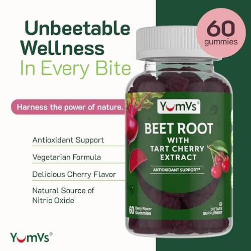 YUM-V'S Rote Bete Gummibärchen mit Sauerkirsch-Extrakt – Beeren-Geschmack Rote Beete Gummis für Durchblutung & Antioxidantien-Unterstützung – Rote Beete Gummis (Beere, 60 Stück (1er-Pack)