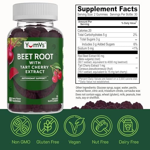 YUM-V'S Rote Bete Gummibärchen mit Sauerkirsch-Extrakt – Beeren-Geschmack Rote Beete Gummis für Durchblutung & Antioxidantien-Unterstützung – Rote Beete Gummis (Beere, 60 Stück (1er-Pack)