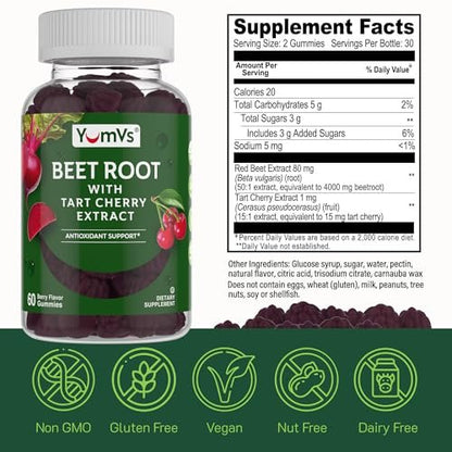 YUM-V'S Rote Bete Gummibärchen mit Sauerkirsch-Extrakt – Beeren-Geschmack Rote Beete Gummis für Durchblutung & Antioxidantien-Unterstützung – Rote Beete Gummis (Beere, 60 Stück (1er-Pack)