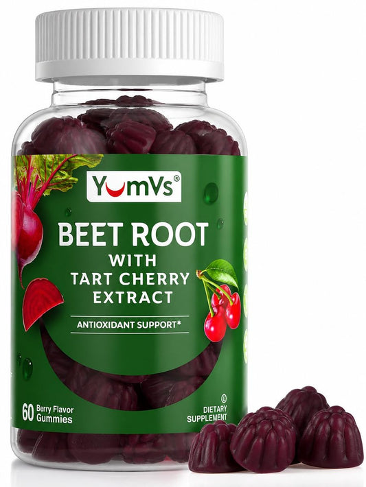 YUM-V'S Rote Bete Gummibärchen mit Sauerkirsch-Extrakt – Beeren-Geschmack Rote Beete Gummis für Durchblutung & Antioxidantien-Unterstützung – Rote Beete Gummis (Beere, 60 Stück (1er-Pack)