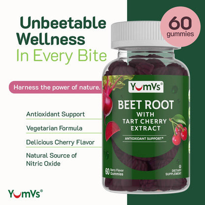 YUM-V'S Rote Bete Gummibärchen mit Sauerkirsch-Extrakt – Beeren-Geschmack Rote Beete Gummis für Durchblutung & Antioxidantien-Unterstützung – Rote Beete Gummis (Beere, 60 Stück (1er-Pack)