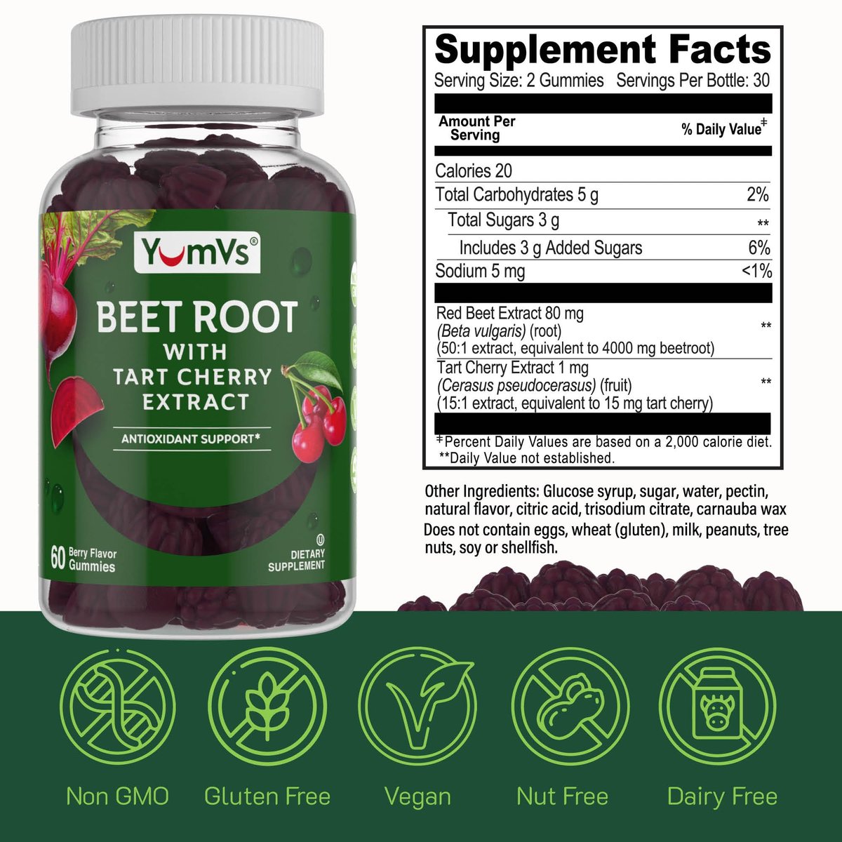 YUM-V'S Rote Bete Gummibärchen mit Sauerkirsch-Extrakt – Beeren-Geschmack Rote Beete Gummis für Durchblutung & Antioxidantien-Unterstützung – Rote Beete Gummis (Beere, 60 Stück (1er-Pack)