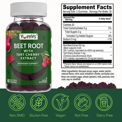 YUM-V'S Rote Bete Gummibärchen mit Sauerkirsch-Extrakt – Beeren-Geschmack Rote Beete Gummis für Durchblutung & Antioxidantien-Unterstützung – Rote Beete Gummis (Beere, 60 Stück (1er-Pack)