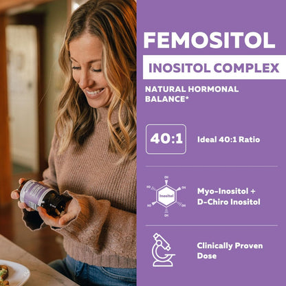 Femositol® Myo-Inositol & D-Chiro Inositol Komplex - Klinisch validiertes 40:1 Verhältnis (Vitamin B8) | Hormonbalance & Unterstützung der Eierstockfunktion (90 Kapseln – 30 Portionen)