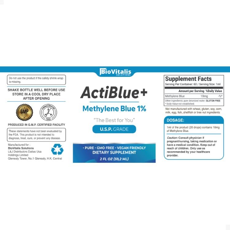 Biovitalis Solutions Actiblue+ Methylenblau 1% – ISO-zertifiziert, laborgeprüft, 99,9% Reinheit, ohne Formaldehyd, Alkohol, Gluten & GMO (2 Fl. Oz.)