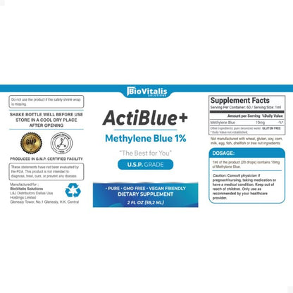 Biovitalis Solutions Actiblue+ Methylenblau 1% – ISO-zertifiziert, laborgeprüft, 99,9% Reinheit, ohne Formaldehyd, Alkohol, Gluten & GMO (2 Fl. Oz.)