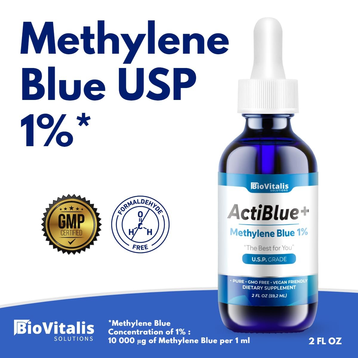Biovitalis Solutions Actiblue+ Methylenblau 1% – ISO-zertifiziert, laborgeprüft, 99,9% Reinheit, ohne Formaldehyd, Alkohol, Gluten & GMO (2 Fl. Oz.)