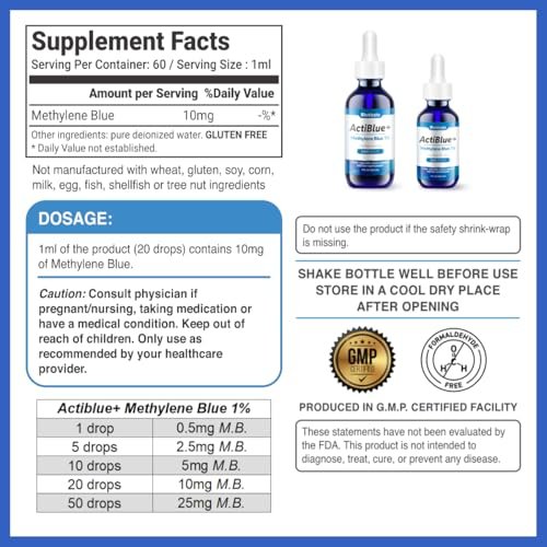 Biovitalis Solutions Actiblue+ Methylenblau 1% – ISO-zertifiziert, laborgeprüft, 99,9% Reinheit, ohne Formaldehyd, Alkohol, Gluten & GMO (2 Fl. Oz.)