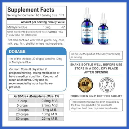 Biovitalis Solutions Actiblue+ Methylenblau 1% – ISO-zertifiziert, laborgeprüft, 99,9% Reinheit, ohne Formaldehyd, Alkohol, Gluten & GMO (2 Fl. Oz.)