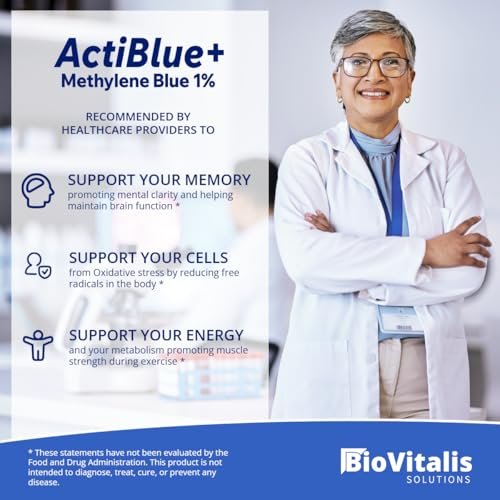 Biovitalis Solutions Actiblue+ Methylenblau 1% – ISO-zertifiziert, laborgeprüft, 99,9% Reinheit, ohne Formaldehyd, Alkohol, Gluten & GMO (2 Fl. Oz.)