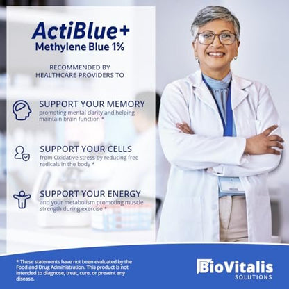 Biovitalis Solutions Actiblue+ Methylenblau 1% – ISO-zertifiziert, laborgeprüft, 99,9% Reinheit, ohne Formaldehyd, Alkohol, Gluten & GMO (2 Fl. Oz.)