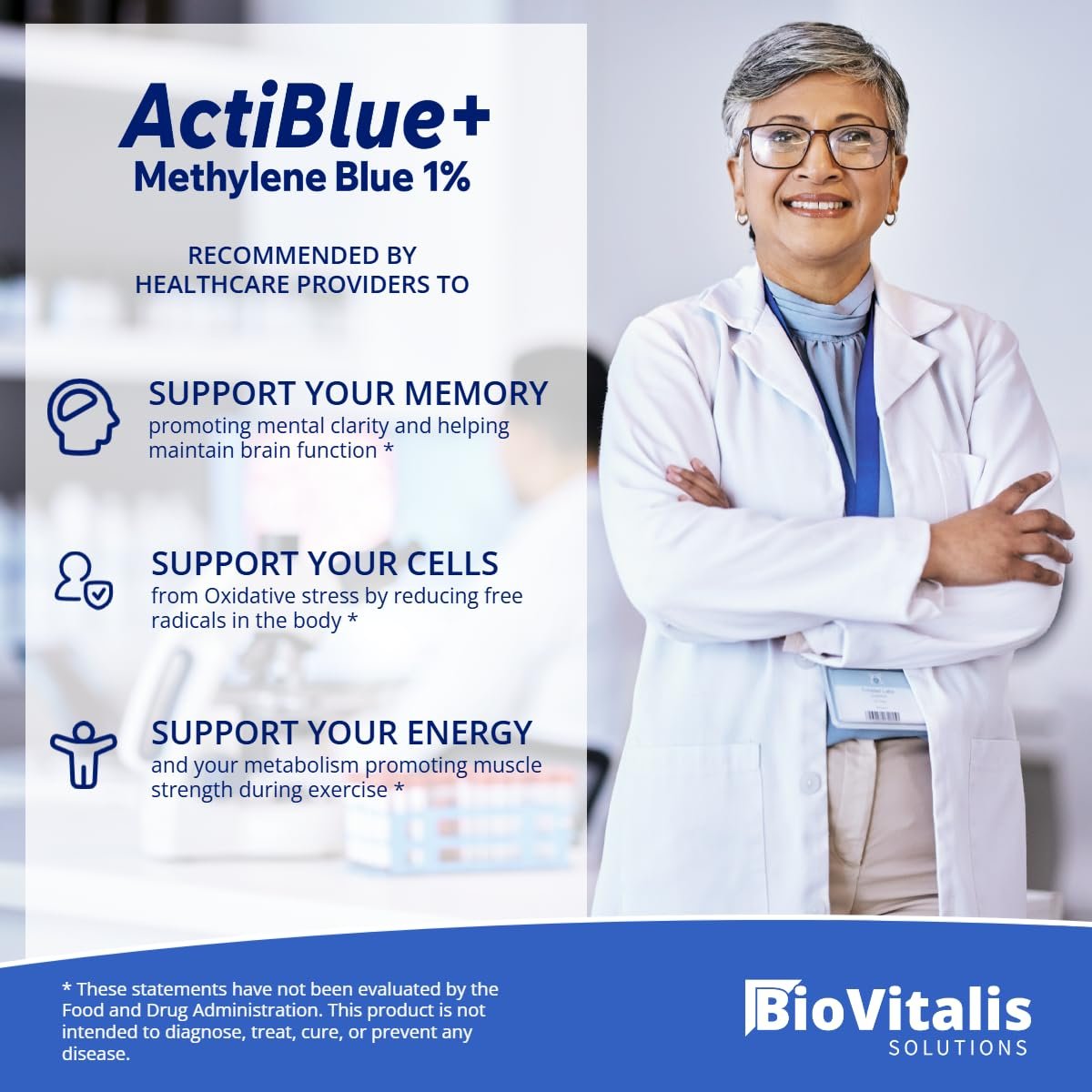 Biovitalis Solutions Actiblue+ Methylenblau 1% – ISO-zertifiziert, laborgeprüft, 99,9% Reinheit, ohne Formaldehyd, Alkohol, Gluten & GMO (2 Fl. Oz.)