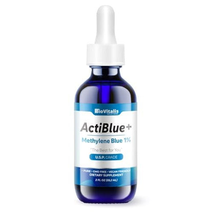 Biovitalis Solutions Actiblue+ Methylenblau 1% – ISO-zertifiziert, laborgeprüft, 99,9% Reinheit, ohne Formaldehyd, Alkohol, Gluten & GMO (2 Fl. Oz.)