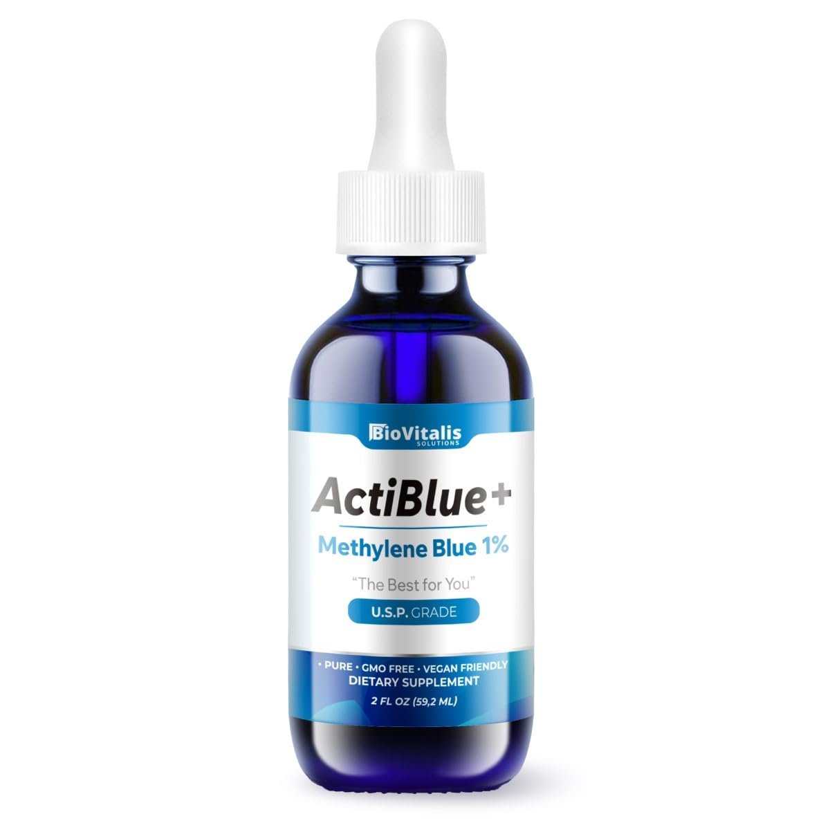 Biovitalis Solutions Actiblue+ Methylenblau 1% – ISO-zertifiziert, laborgeprüft, 99,9% Reinheit, ohne Formaldehyd, Alkohol, Gluten & GMO (2 Fl. Oz.)