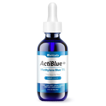 Biovitalis Solutions Actiblue+ Methylenblau 1% – ISO-zertifiziert, laborgeprüft, 99,9% Reinheit, ohne Formaldehyd, Alkohol, Gluten & GMO (2 Fl. Oz.)