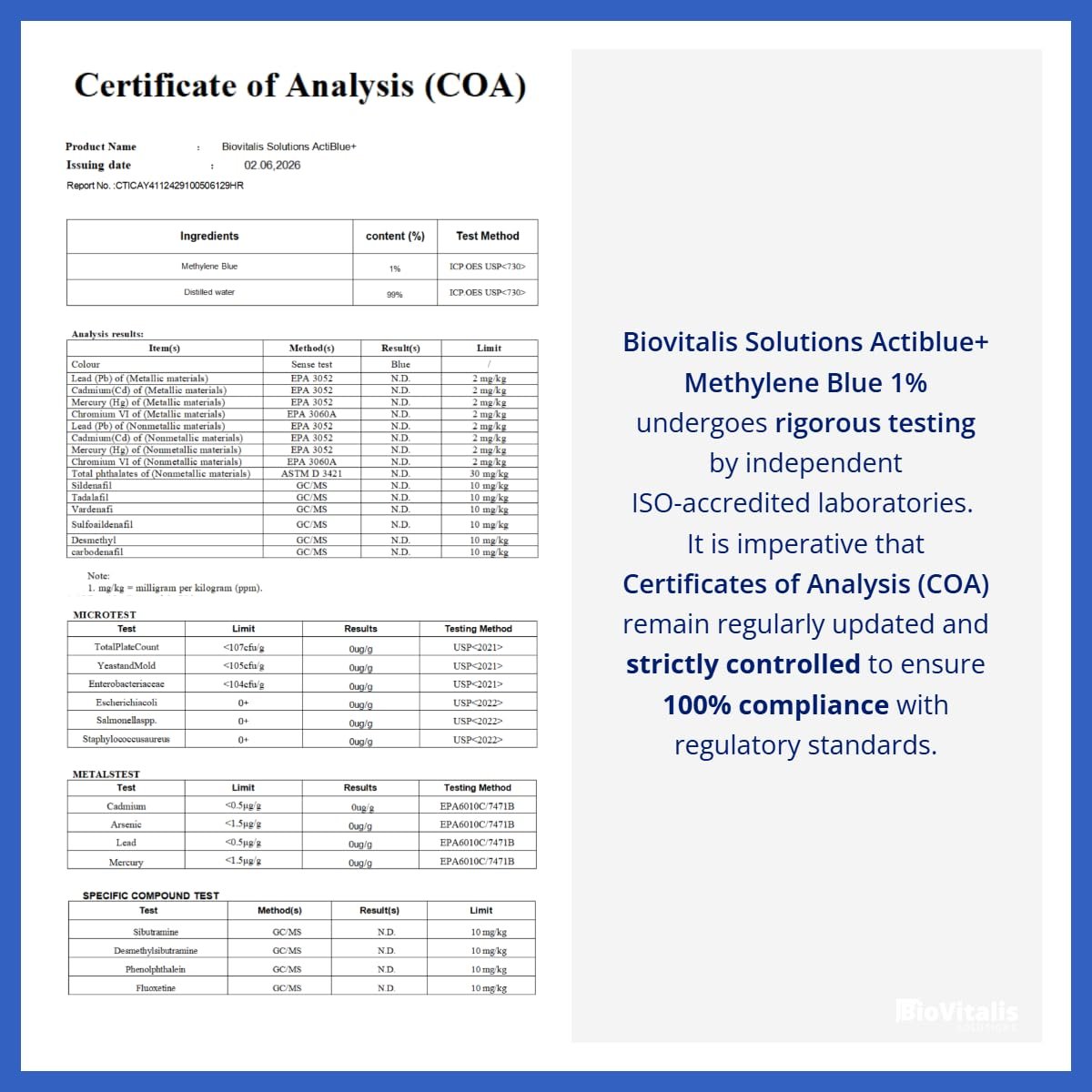 Biovitalis Solutions Actiblue+ Methylenblau 1% – ISO-zertifiziert, laborgeprüft, 99,9% Reinheit, ohne Formaldehyd, Alkohol, Gluten & GMO (2 Fl. Oz.)
