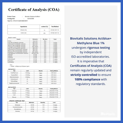 Biovitalis Solutions Actiblue+ Methylenblau 1% – ISO-zertifiziert, laborgeprüft, 99,9% Reinheit, ohne Formaldehyd, Alkohol, Gluten & GMO (2 Fl. Oz.)