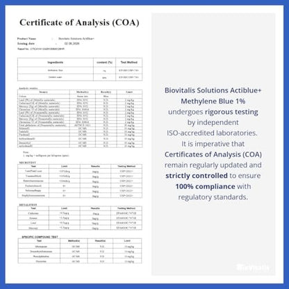 Biovitalis Solutions Actiblue+ Methylenblau 1% – ISO-zertifiziert, laborgeprüft, 99,9% Reinheit, ohne Formaldehyd, Alkohol, Gluten & GMO (2 Fl. Oz.)