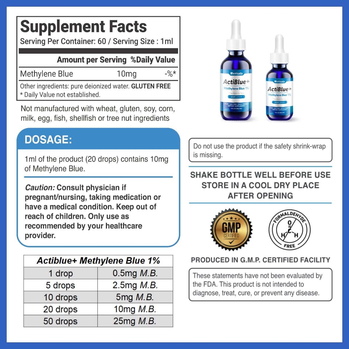 Biovitalis Solutions Actiblue+ Methylenblau 1% – ISO-zertifiziert, laborgeprüft, 99,9% Reinheit, ohne Formaldehyd, Alkohol, Gluten & GMO (2 Fl. Oz.)
