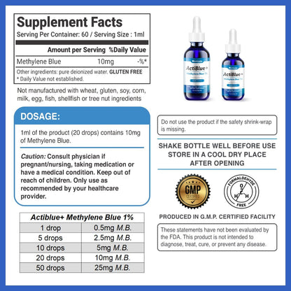 Biovitalis Solutions Actiblue+ Methylenblau 1% – ISO-zertifiziert, laborgeprüft, 99,9% Reinheit, ohne Formaldehyd, Alkohol, Gluten & GMO (2 Fl. Oz.)