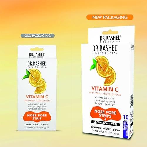 DR.RASHEL Vitamin C Nasenporenstreifen für die Porenreinigung, sofortige und schmerzlose Mitesserentfernung | Tiefenreinigende Mitesserentferner-Streifen für die Nase | 20 Stück (10 Streifen & 10 Tücher)