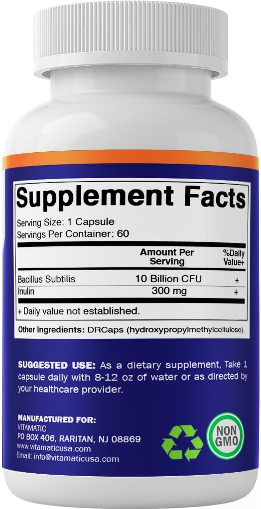 Vitamatic Bacillus Subtilis 10 Milliarden pro DR Kapsel - 60 Kapseln - Unterstützung für Verdauung, Darm und Immunsystem - Mit präbiotischem Inulin
