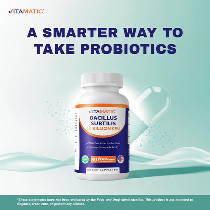 Vitamatic Bacillus Subtilis 10 Milliarden pro DR Kapsel - 60 Kapseln - Unterstützung für Verdauung, Darm und Immunsystem - Mit präbiotischem Inulin