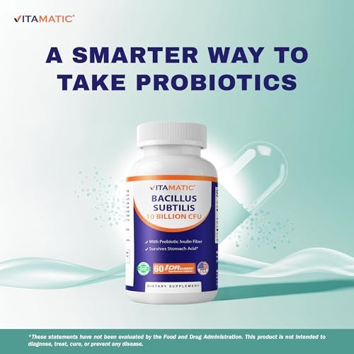 Vitamatic Bacillus Subtilis 10 Milliarden pro DR Kapsel - 60 Kapseln - Unterstützung für Verdauung, Darm und Immunsystem - Mit präbiotischem Inulin