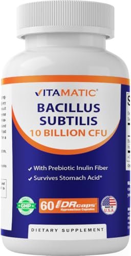 Vitamatic Bacillus Subtilis 10 Milliarden pro DR Kapsel - 60 Kapseln - Unterstützung für Verdauung, Darm und Immunsystem - Mit präbiotischem Inulin
