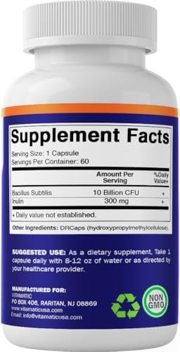 Vitamatic Bacillus Subtilis 10 Milliarden pro DR Kapsel - 60 Kapseln - Unterstützung für Verdauung, Darm und Immunsystem - Mit präbiotischem Inulin