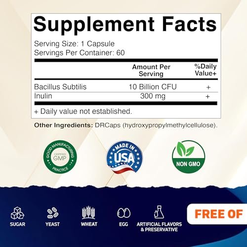 Vitamatic Bacillus Subtilis 10 Milliarden pro DR Kapsel - 60 Kapseln - Unterstützung für Verdauung, Darm und Immunsystem - Mit präbiotischem Inulin